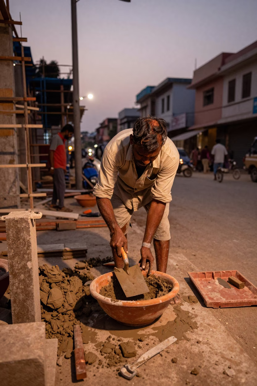 Hyderabad Construction Site at Dusk Mason's Trowel Wet Mortar Scaffold Geometric Patterns in in Hyderabad, India