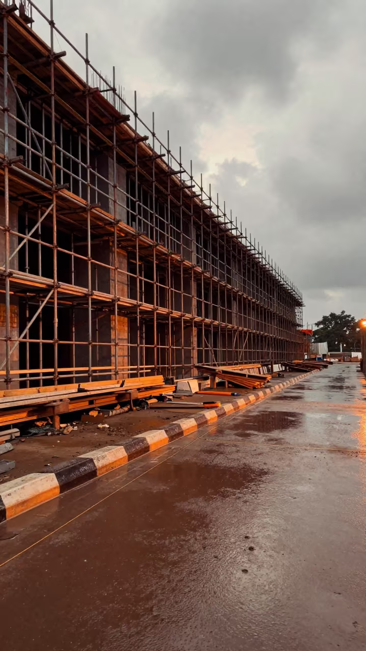 Hyderabad Curb Line on Scaffolded Facade in along a scaffolded facade in Hyderabad