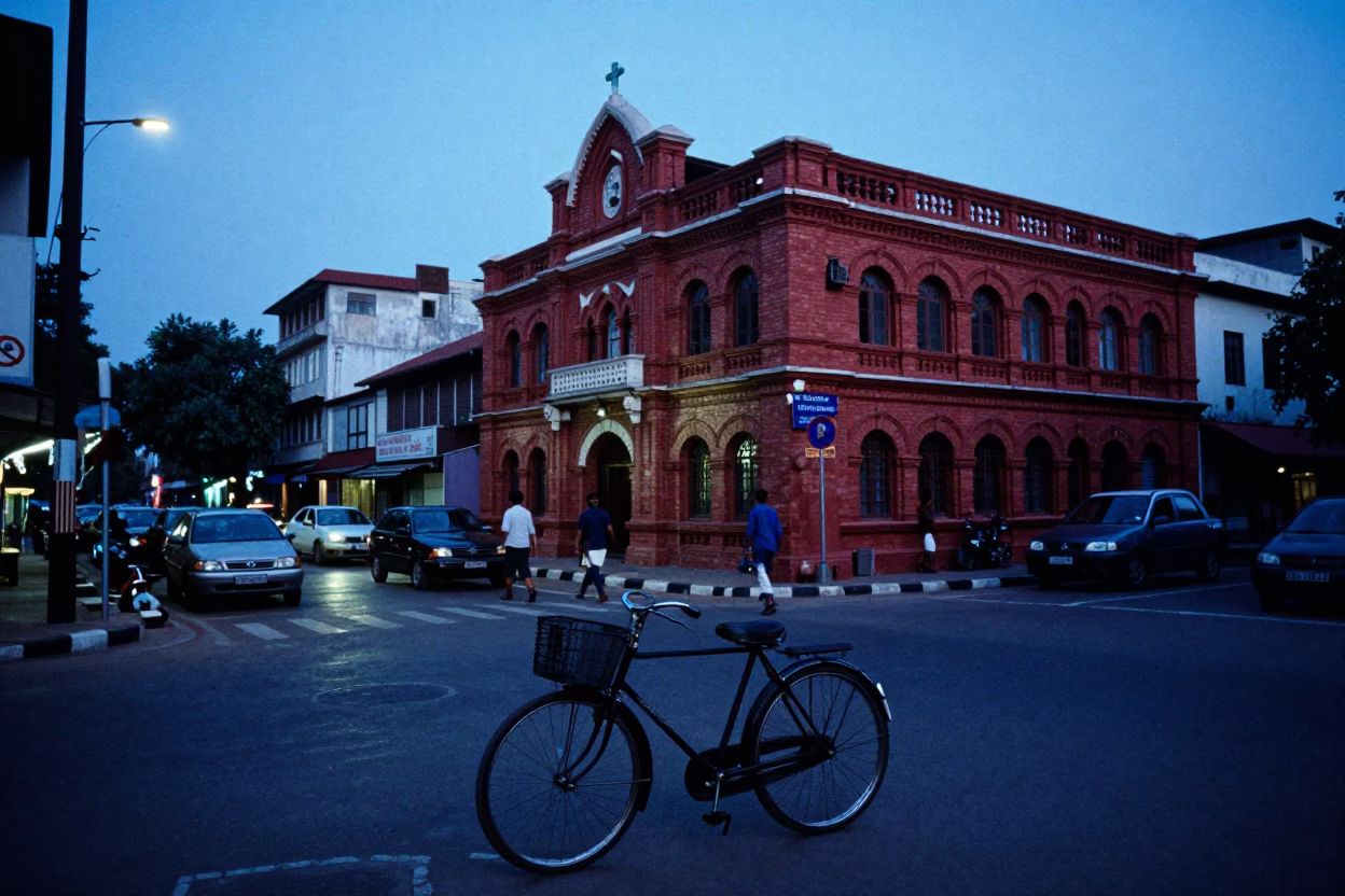 Hyderabad Evening Blue Hour Street Scene with Vintage Bicycle and Local Life in in Hyderabad, India