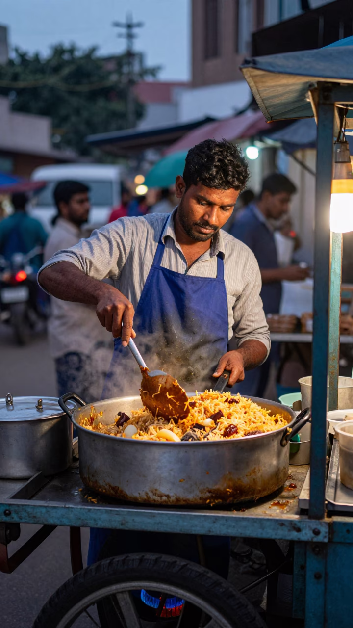 Hyderabad Evening Street Food Vendor Cooking Biryani with Saucepan and Aprons in in Hyderabad, India