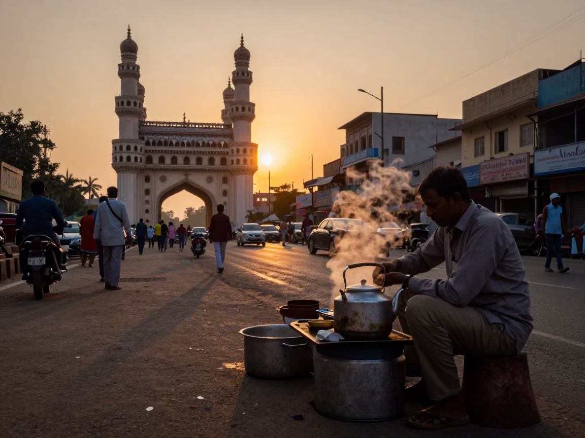 Hyderabad Evening Street Life with Condensation on Basin and Kettle Near Charminar in in Hyderabad, India