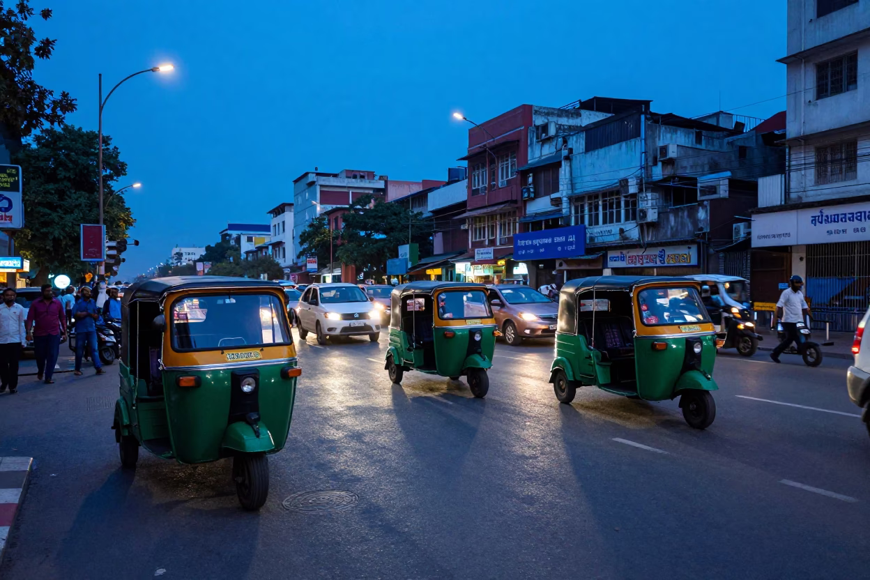 Hyderabad Evening Street Scene with Auto Rickshaws and Traffic Lights Under Blue Hour in in Hyderabad, India
