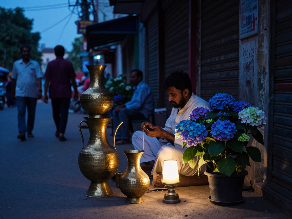 Hyderabad Evening Street Scene with Brass Artisan and Hydrangea Bouquet in in Hyderabad, India