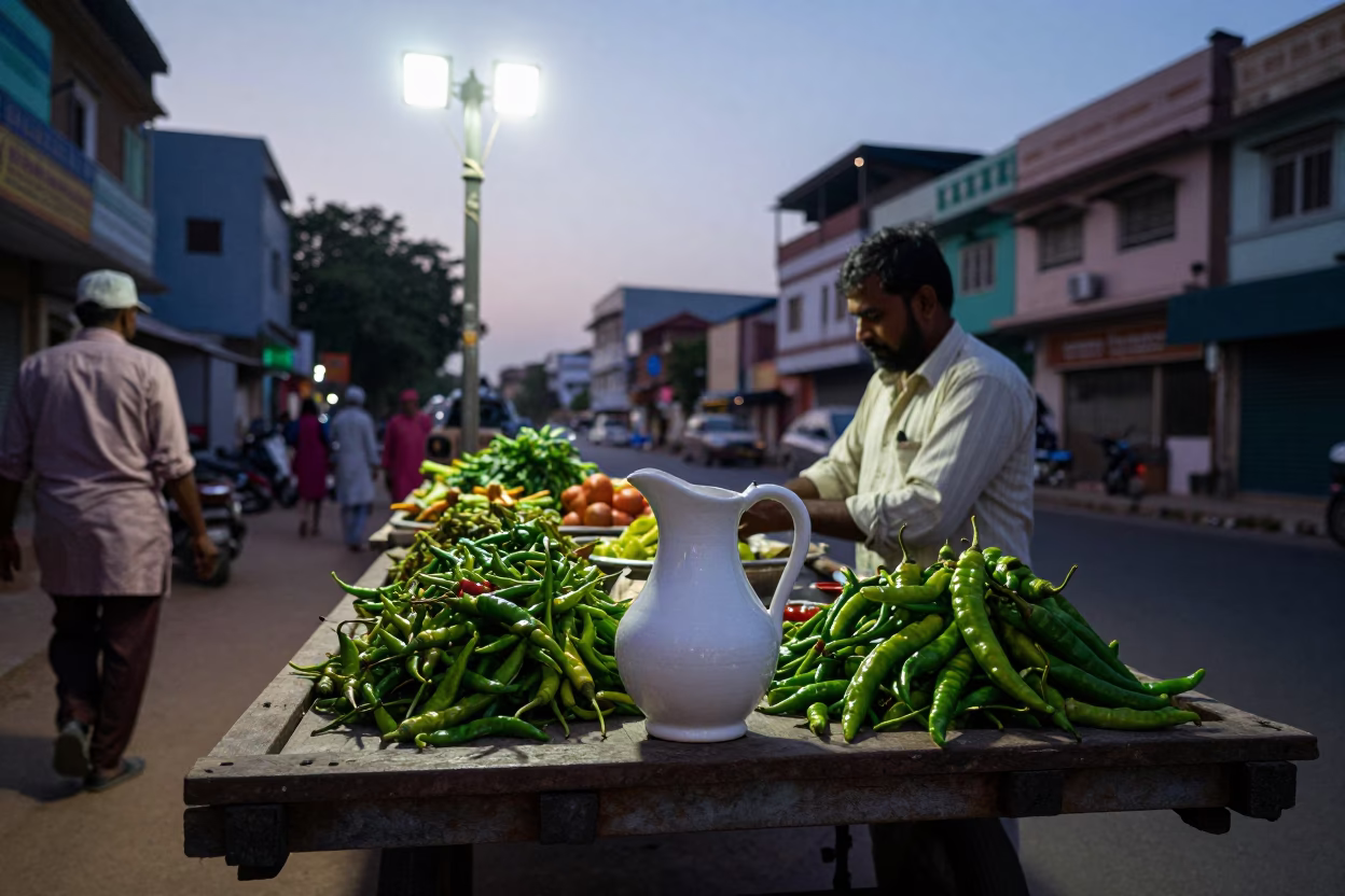 Hyderabad Evening Street Scene with Ceramic Pitcher and Local Vendor in in Hyderabad, India