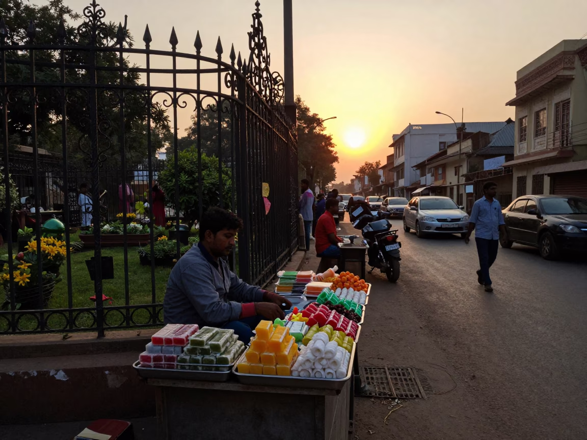 Hyderabad Evening Street Scene with Colorful Sweets and Garden Gate at Sunset in in Hyderabad, India