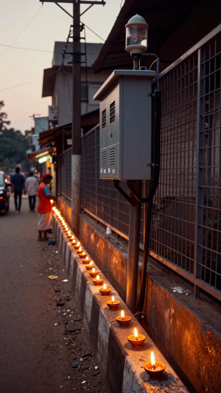 Hyderabad Evening Street Scene with Diwali Lamps and Substation Fence in Honeyed Light in in Hyderabad, India