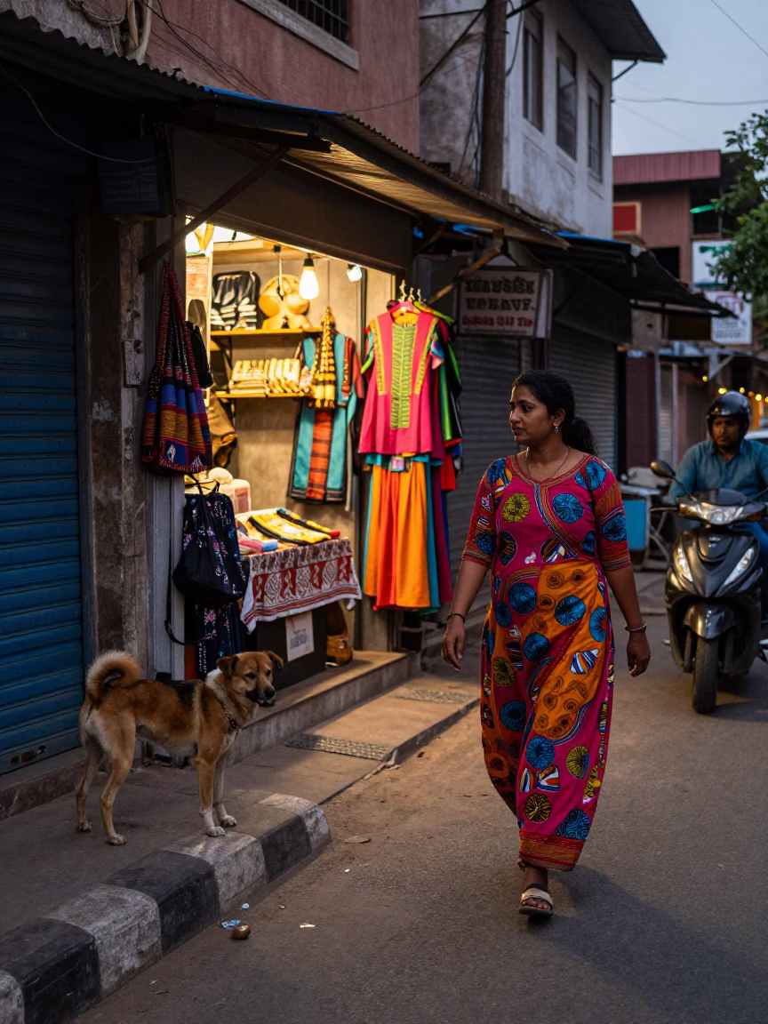 Hyderabad Evening Street Scene with Dog and Colorful Fashion in in Hyderabad, India