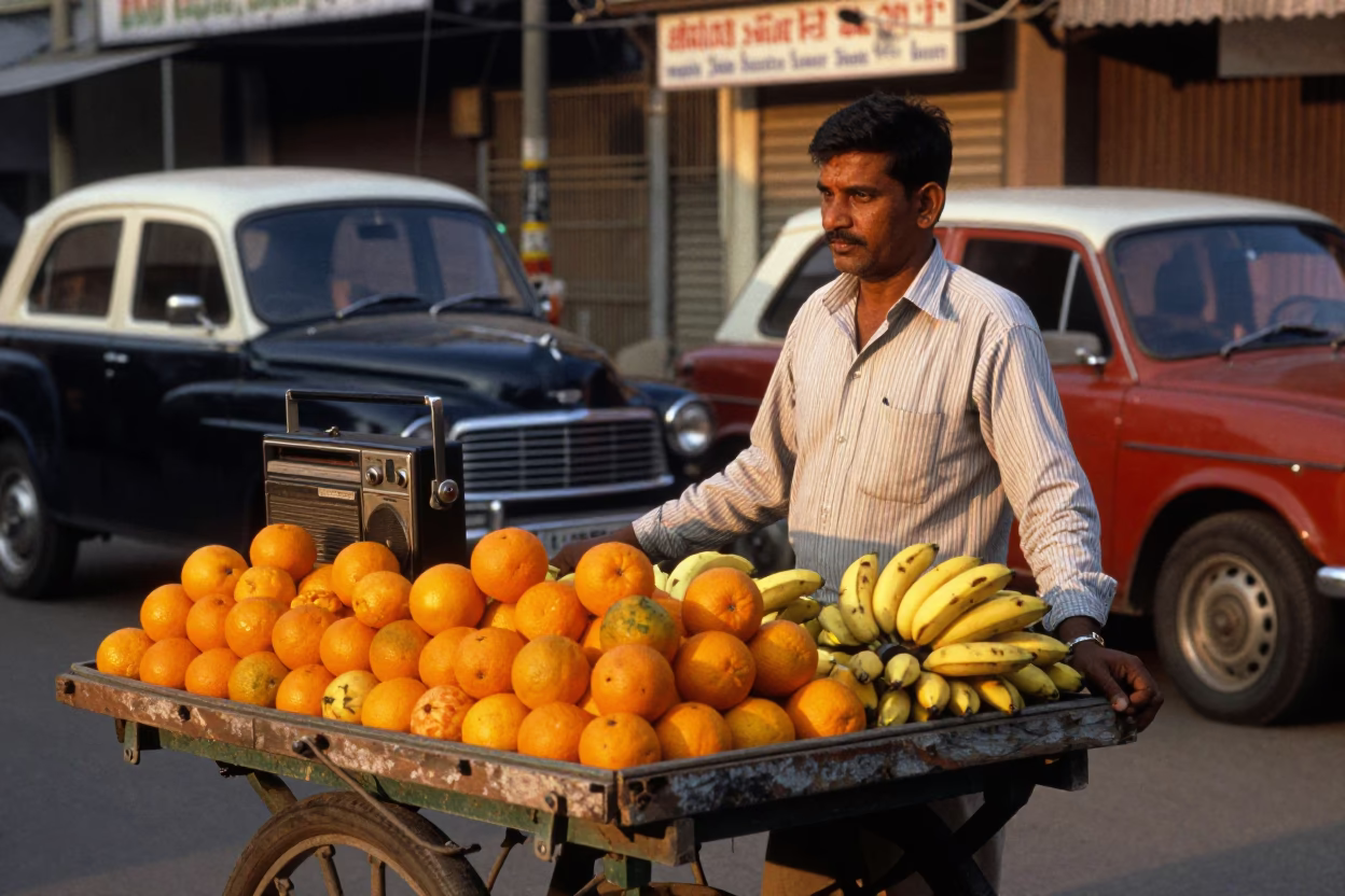 Hyderabad Evening Street Scene with Fruit Vendor and Vintage Radio in in Hyderabad, India