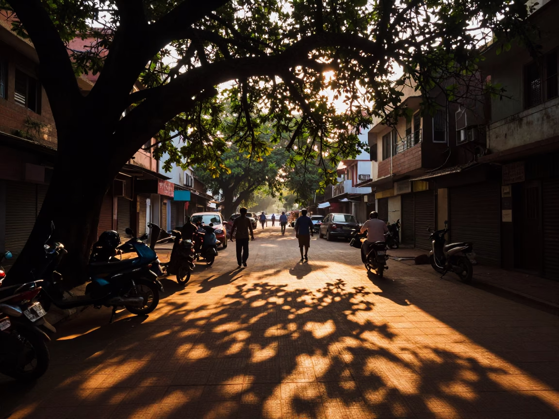 Hyderabad Evening Street Scene with Leaf Shadows on Tile and Local Dining in in Hyderabad, India