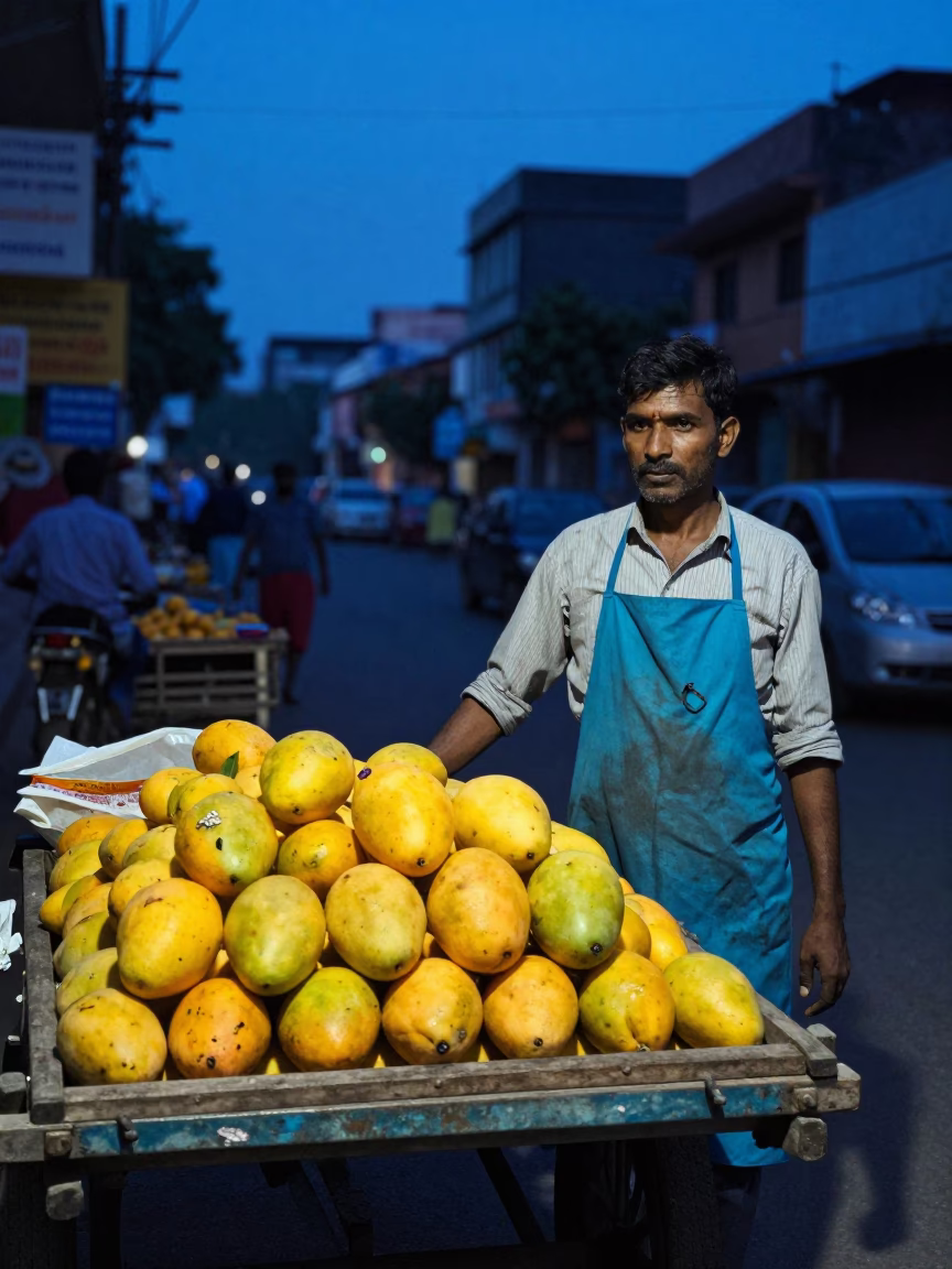 Hyderabad Evening Street Scene with Mangoes and Aprons in Indigo Twilight in in Hyderabad, India