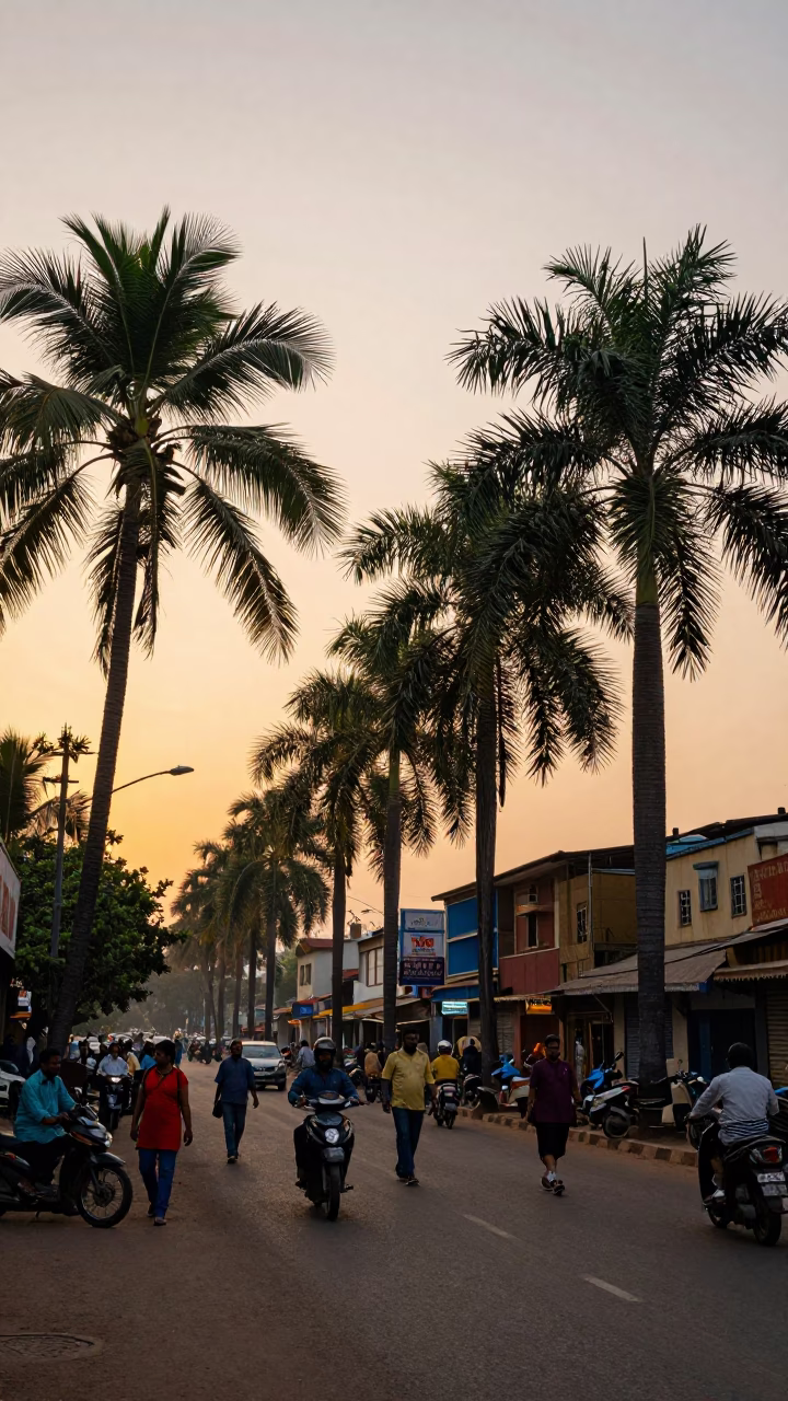 Hyderabad Evening Street Scene with Palm Trees and Local Life in in Hyderabad, India