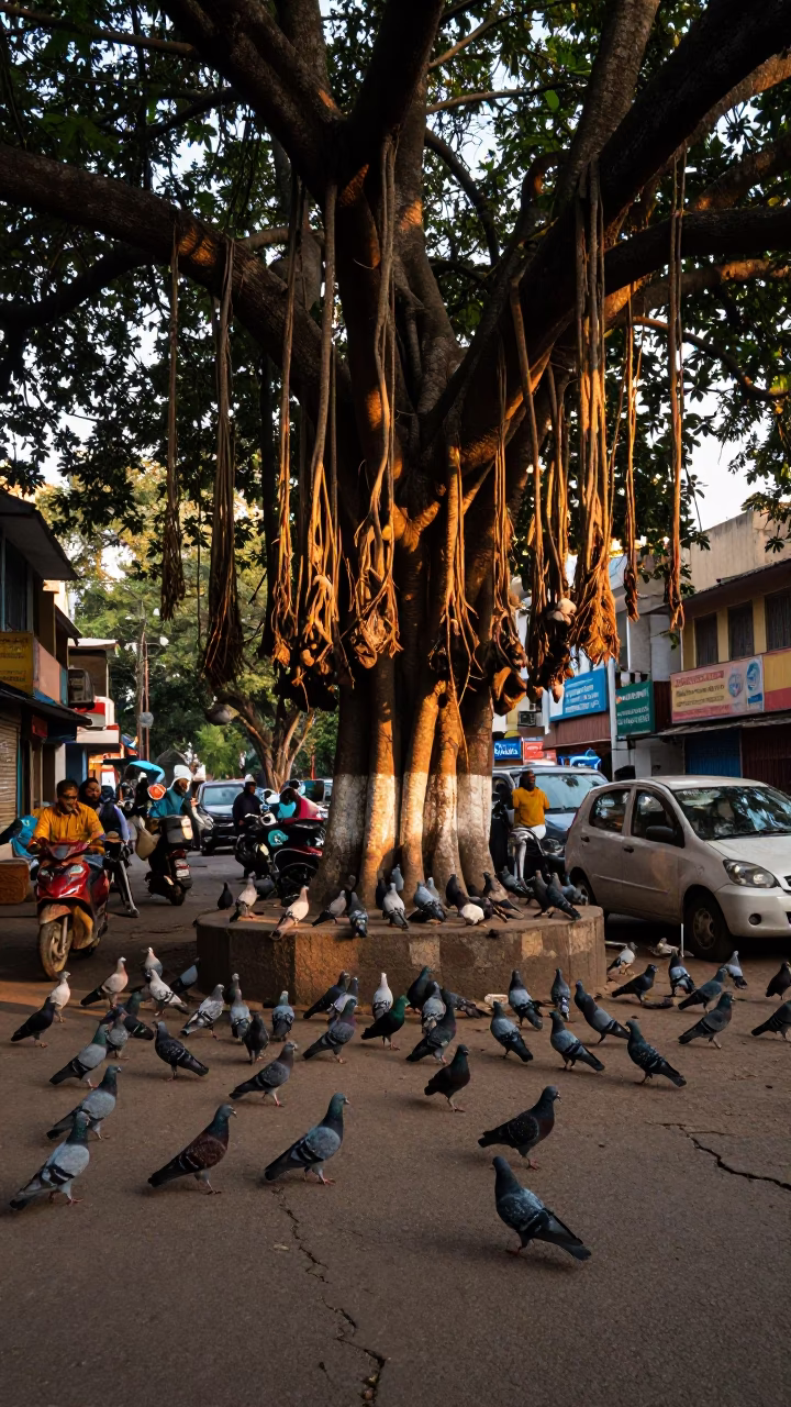 Hyderabad Evening Street Scene with Pigeons and Banyan Tree Roots in in Hyderabad, India