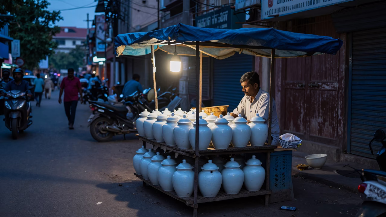 Hyderabad Evening Street Scene with Porcelain Jars and Local Life in in Hyderabad, India