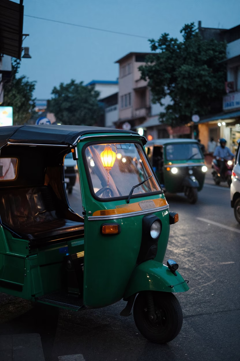 Hyderabad Evening Street Scene with Rickshaw and Lanterns in Blue Light in in Hyderabad, India