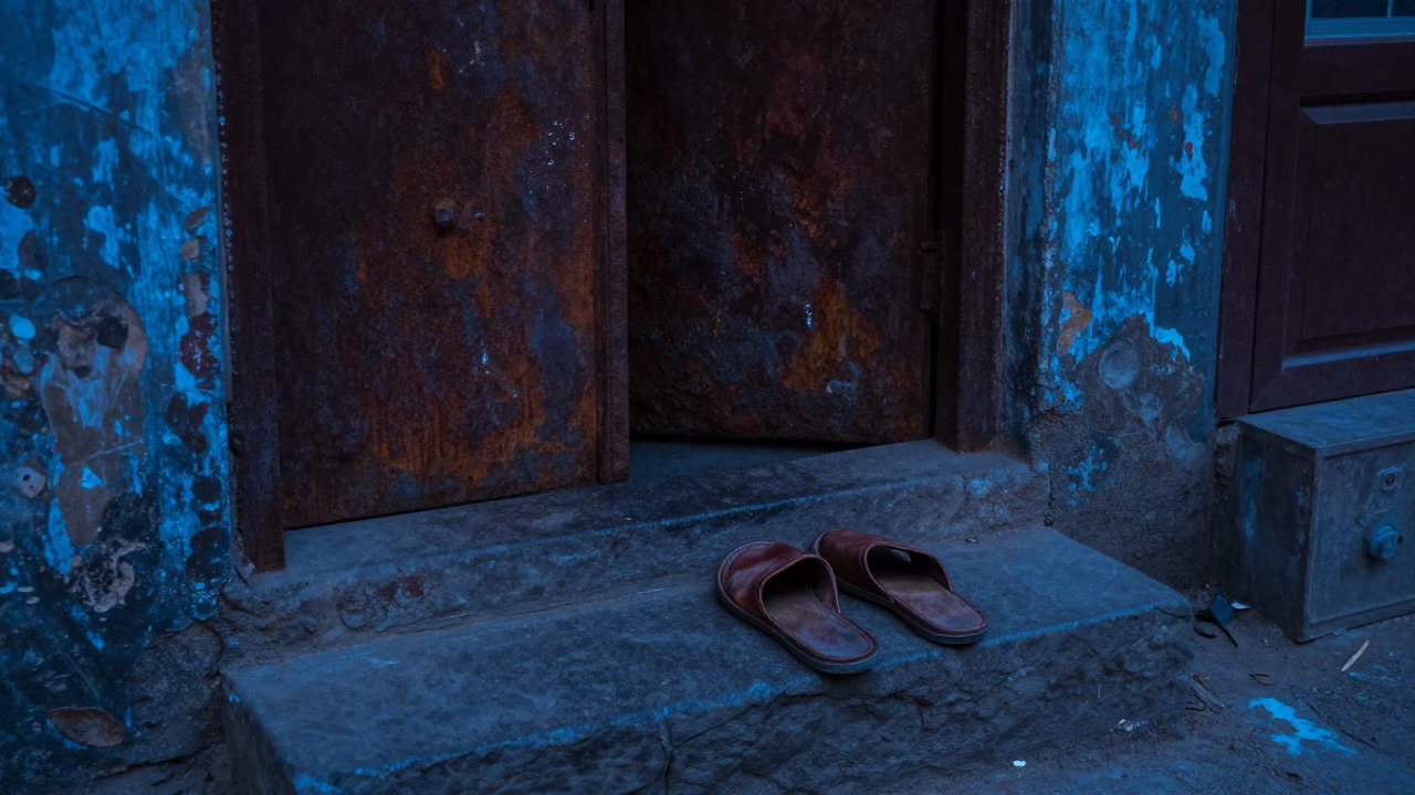 Hyderabad Evening Street Scene with Rusty Doorframe and Worn Slippers in Blue Light in in Hyderabad, India