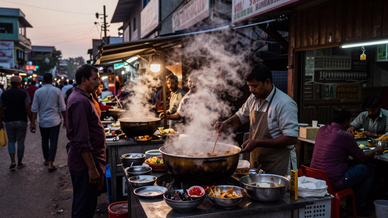 Hyderabad Evening Street Scene with Steaming Hotpot and Local Dining Atmosphere in in Hyderabad, India