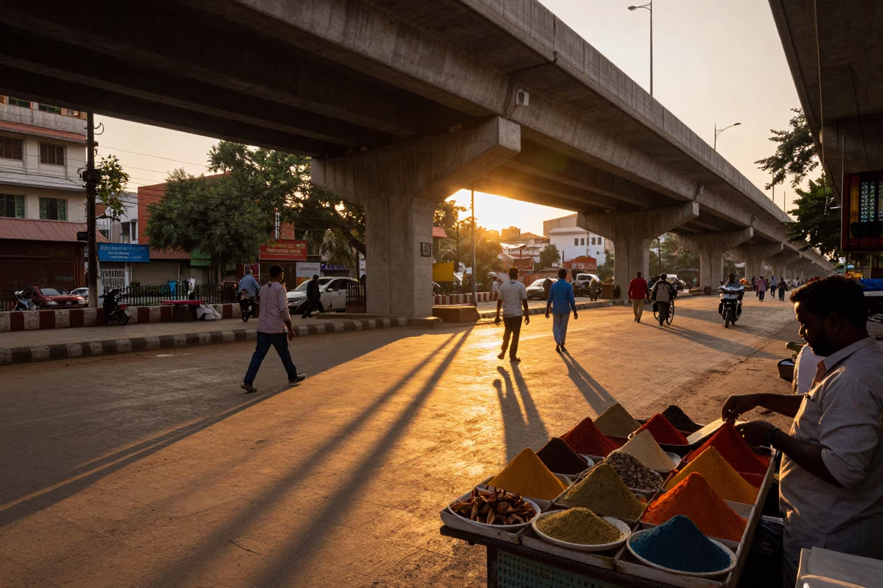 Hyderabad Evening Street Scene with Sun Stripe on Tile and Flyover Shadows in in Hyderabad, India