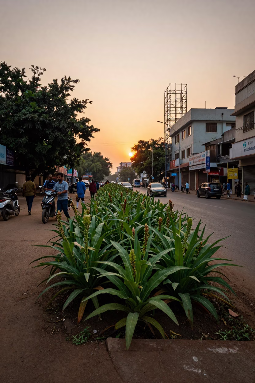 Hyderabad Evening Street Scene with Turmeric Plants and Steel Hinge Detail in in Hyderabad, India