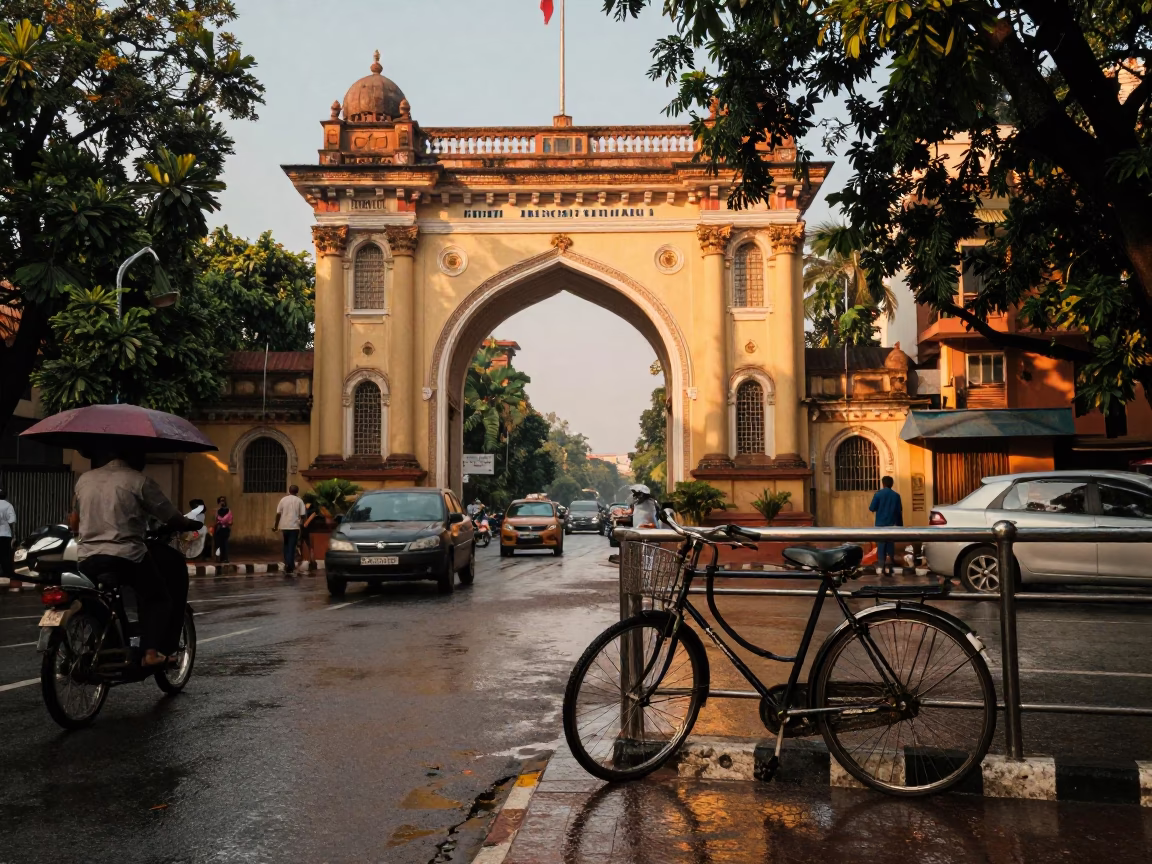 Hyderabad Evening Street Scene with University Archway and Wet Bicycle Rack in in Hyderabad, India