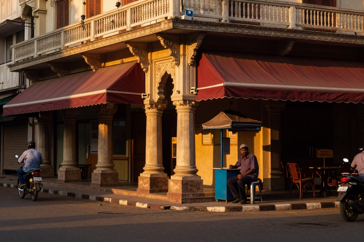 Hyderabad Evening Street Scene with Valet Stand and Hotel Awning Reflections in in Hyderabad, India
