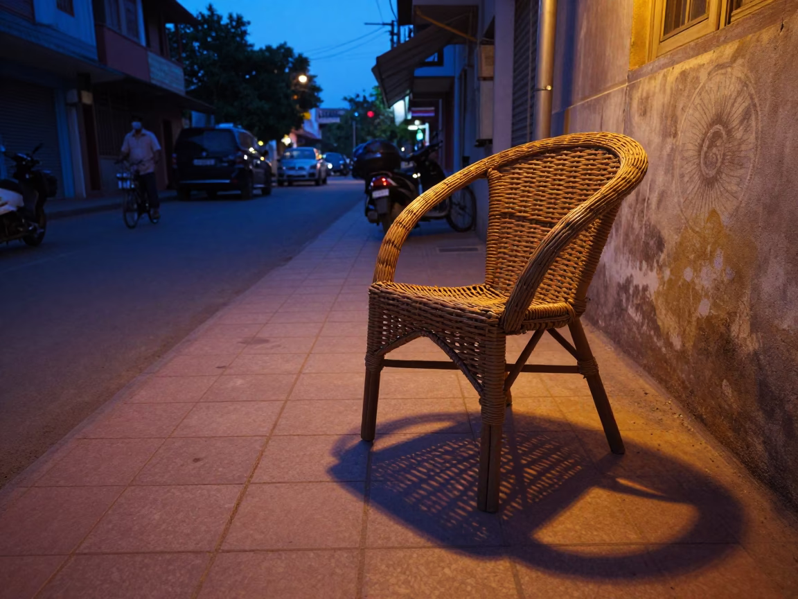 Hyderabad Evening Street Scene with Wicker Shadow on Tile Grout and Local Activity in in Hyderabad, India