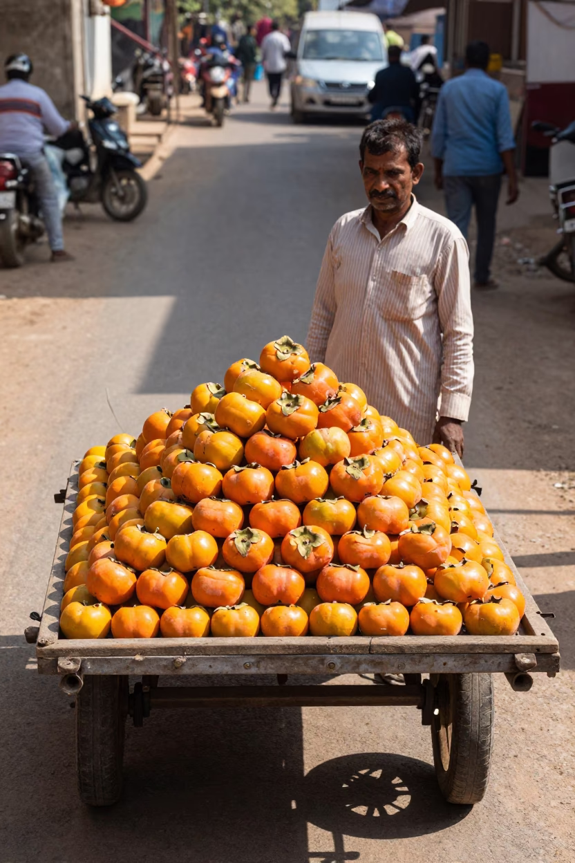 Hyderabad Fresh Persimmons at Bright Midmorning Light in in Hyderabad, India