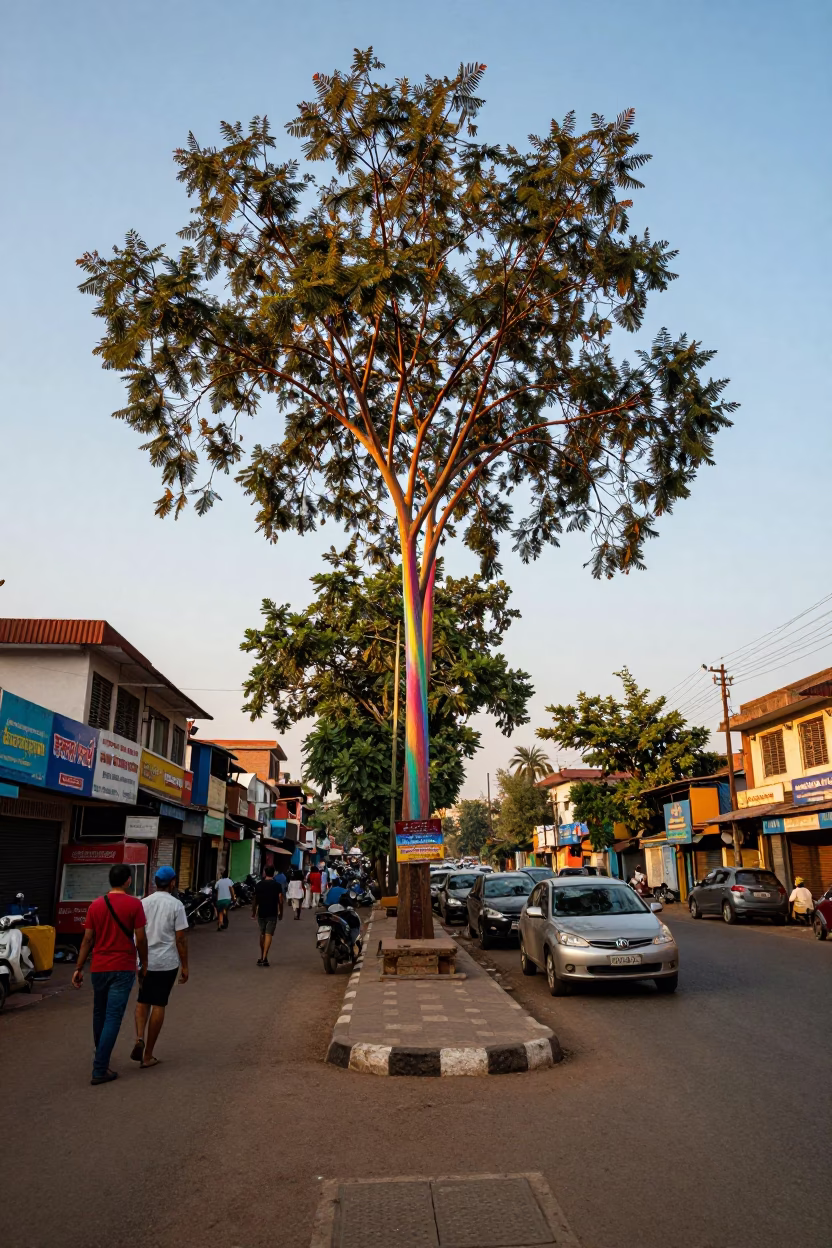 Hyderabad Golden Hour Street Scene with Rainbow Eucalyptus and Local Commerce in in Hyderabad, India