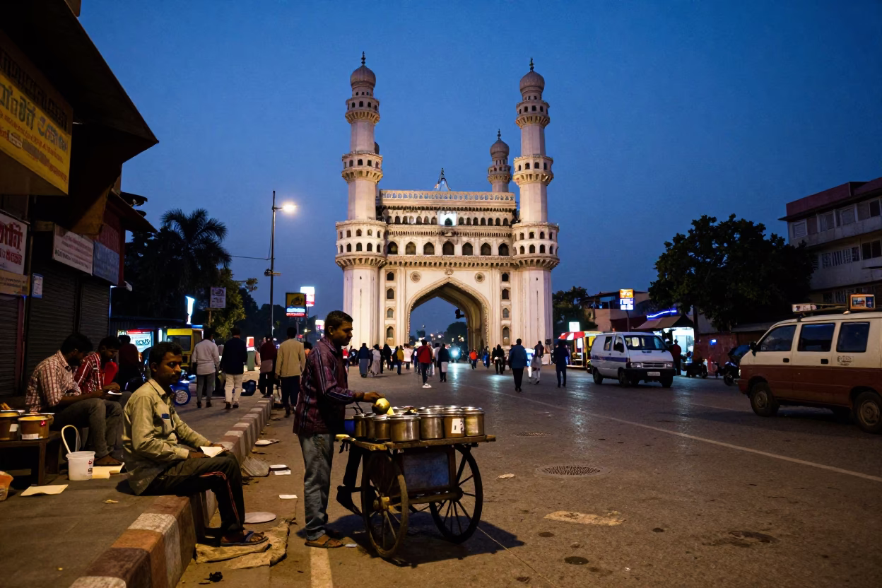 Hyderabad India Blue Hour Street Scene with Tea Stains and Vintage Elements in in Hyderabad, India