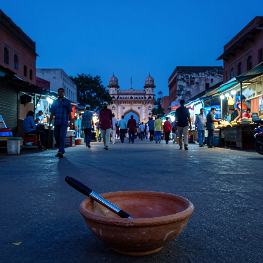 Hyderabad India Blue Hour Street Scene with Terracotta Bowl and Fountain Pen in in Hyderabad, India