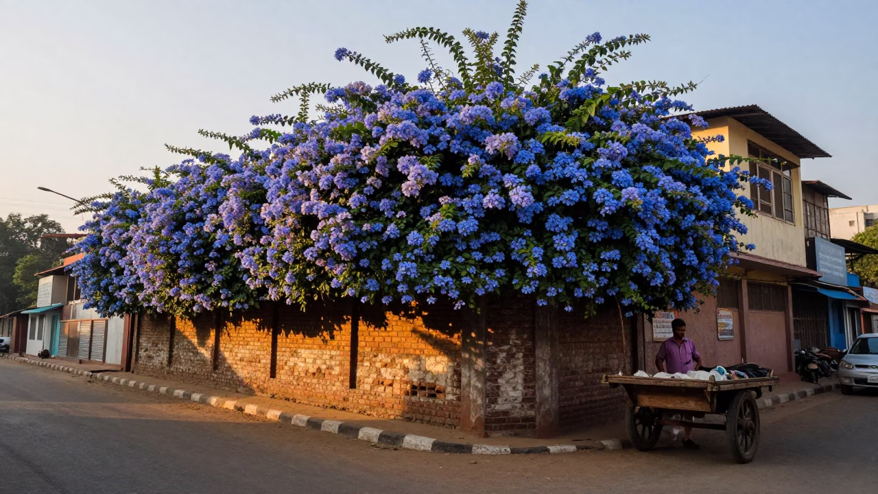 Hyderabad India Dawn Street Scene with Plumbago Hedge and Local Vendor in in Hyderabad, India