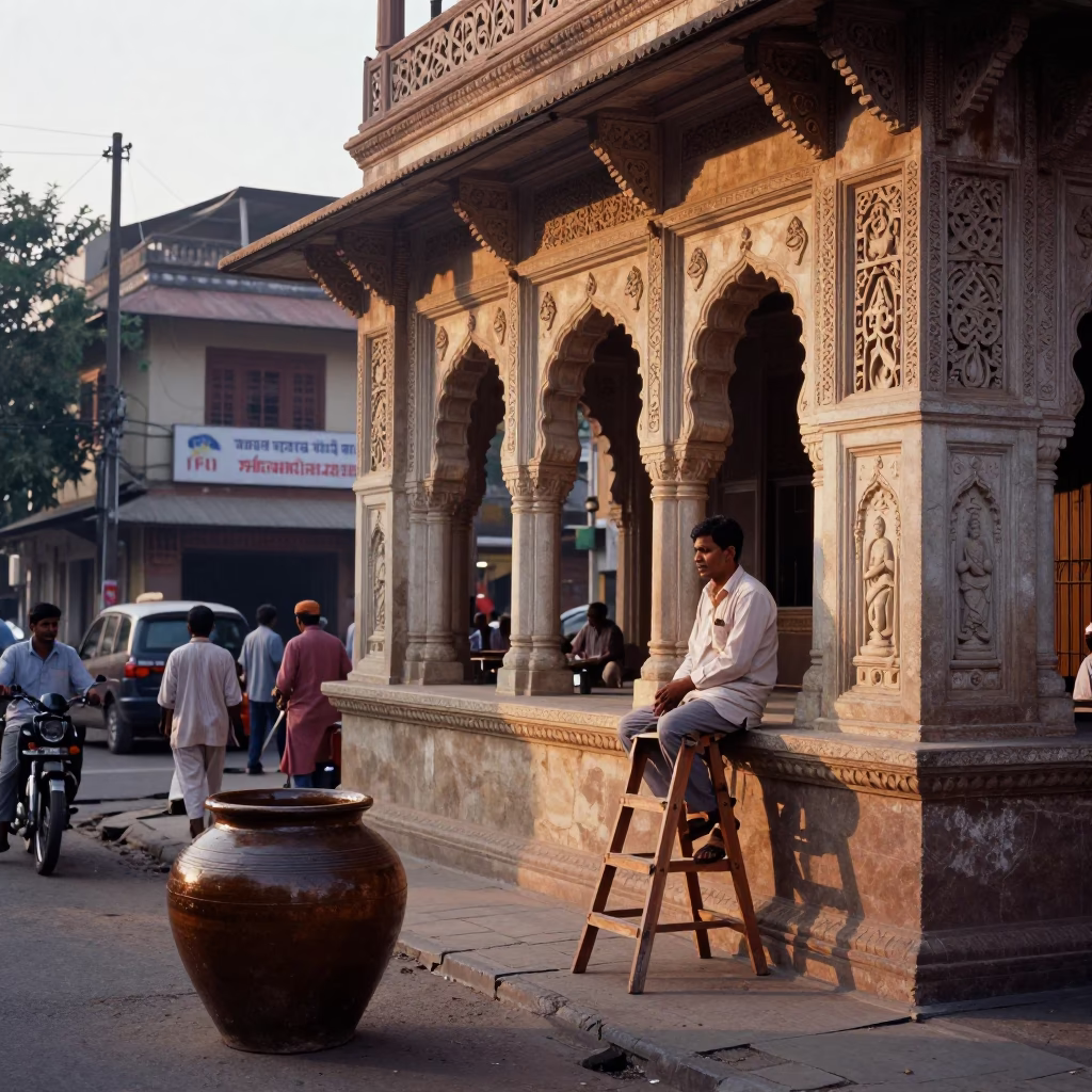 Hyderabad India Dawn Street Scene with Spice Jar and Step Ladder Near Charminar in in Hyderabad, India