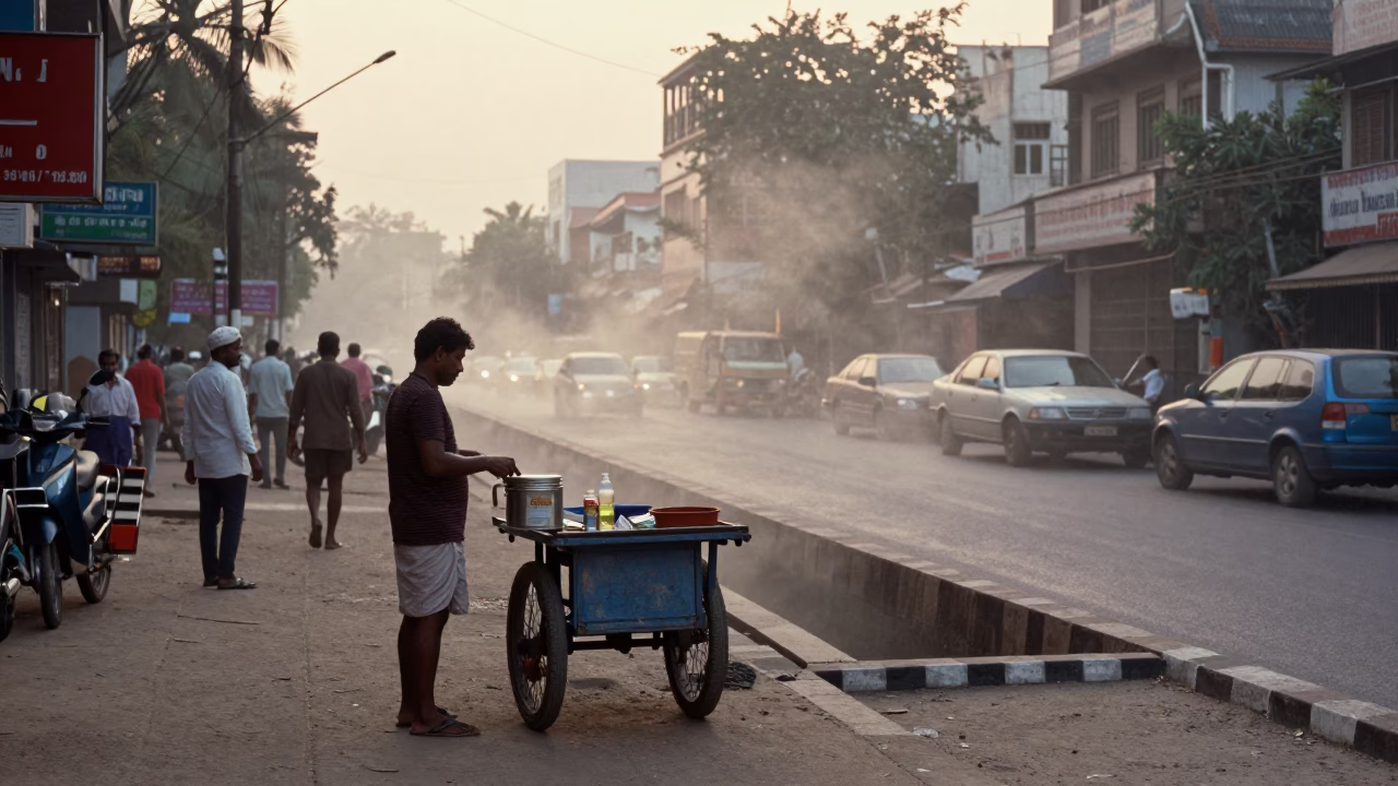 Hyderabad India Dawn Street Scene with Tiffin Tin and Spillway Mist in in Hyderabad, India