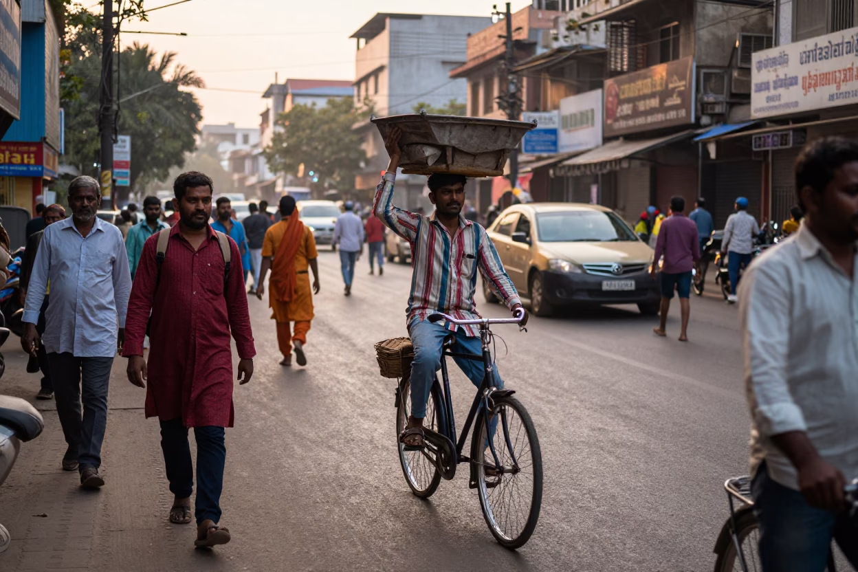 Hyderabad India Dawn Street Scene with Vendor and Bicycle in in Hyderabad, India