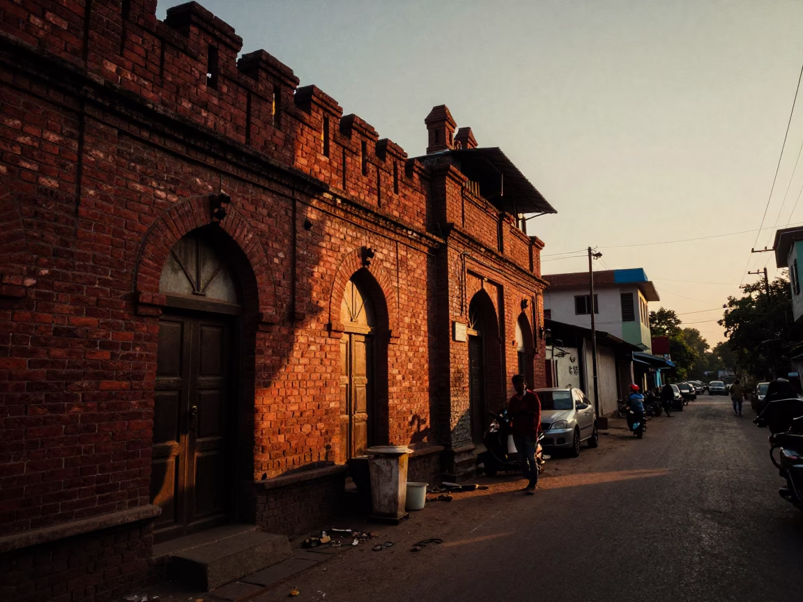 Hyderabad India Dusk Street Scene with Brick Architecture and Local Vendors in in Hyderabad, India