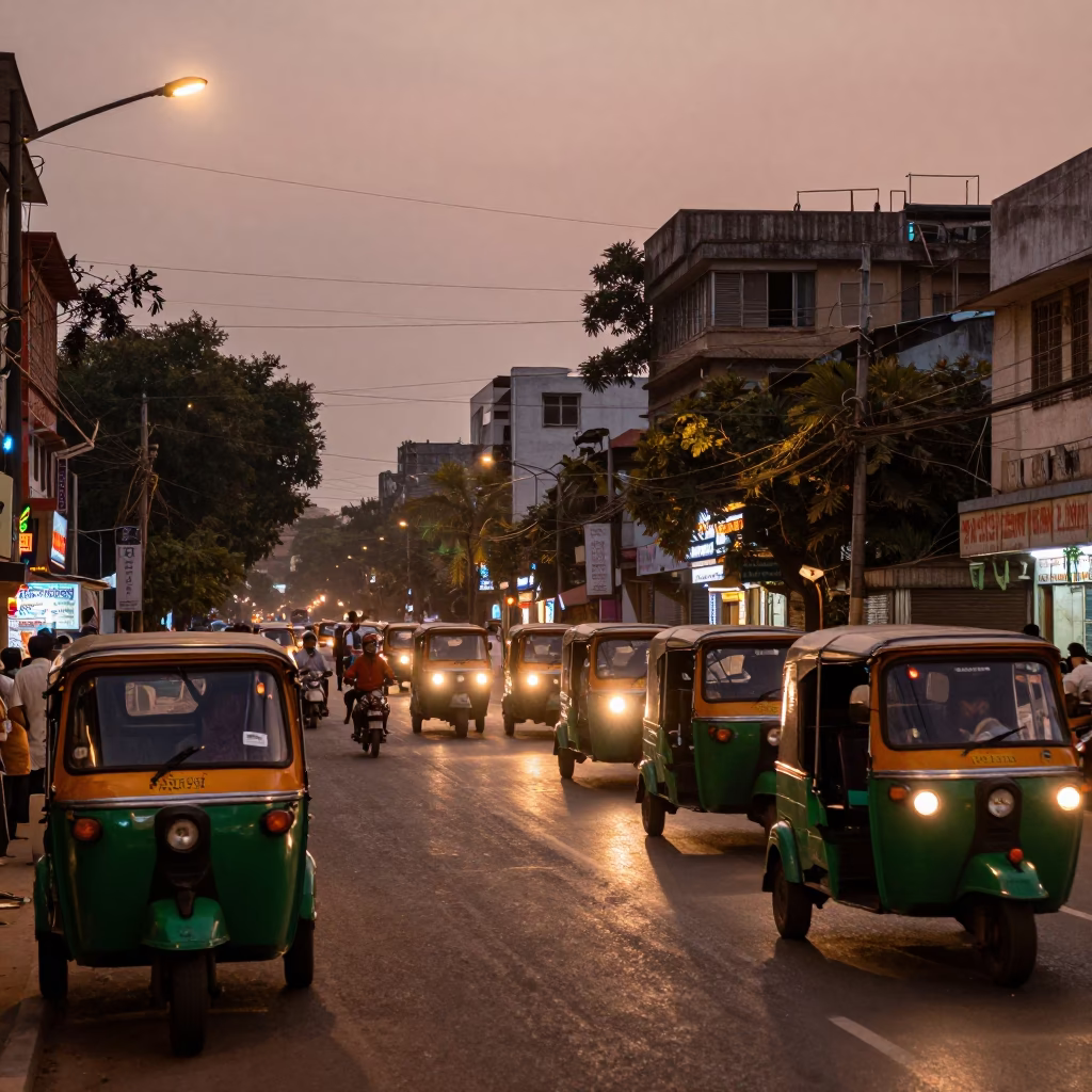 Hyderabad India Dusk Street Scene with Copper Light and Local Life in in Hyderabad, India