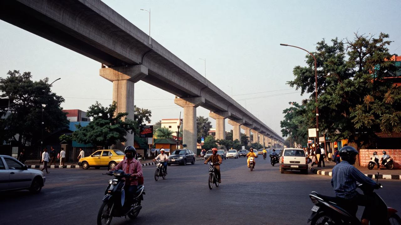 Hyderabad India Early Afternoon Street Scene with Concrete Viaduct and Local Market Activity in in Hyderabad, India