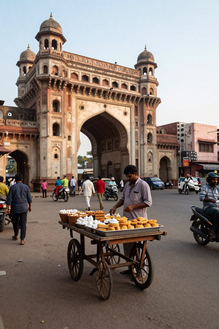 Hyderabad India Early Afternoon Street Scene with Traditional Dessert and Local Architecture in in Hyderabad, India