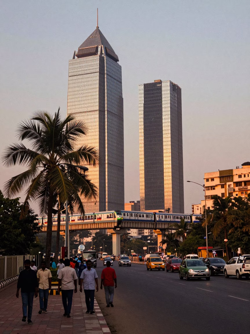 Hyderabad India Early Evening Monorail Gliding Past Glass Towers and Palm Trees Street Scene in in Hyderabad, India