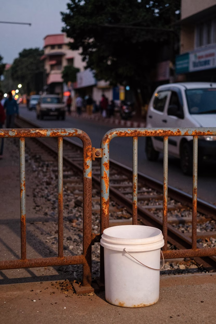 Hyderabad India Early Evening Street Scene with Rusty Rail and Local Commerce in in Hyderabad, India