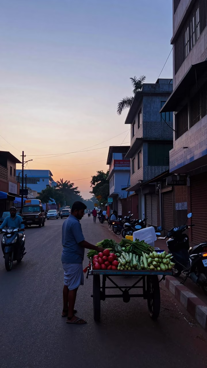 Hyderabad India Early Morning Street Scene Before Sunrise with Local Market Activity in in Hyderabad, India