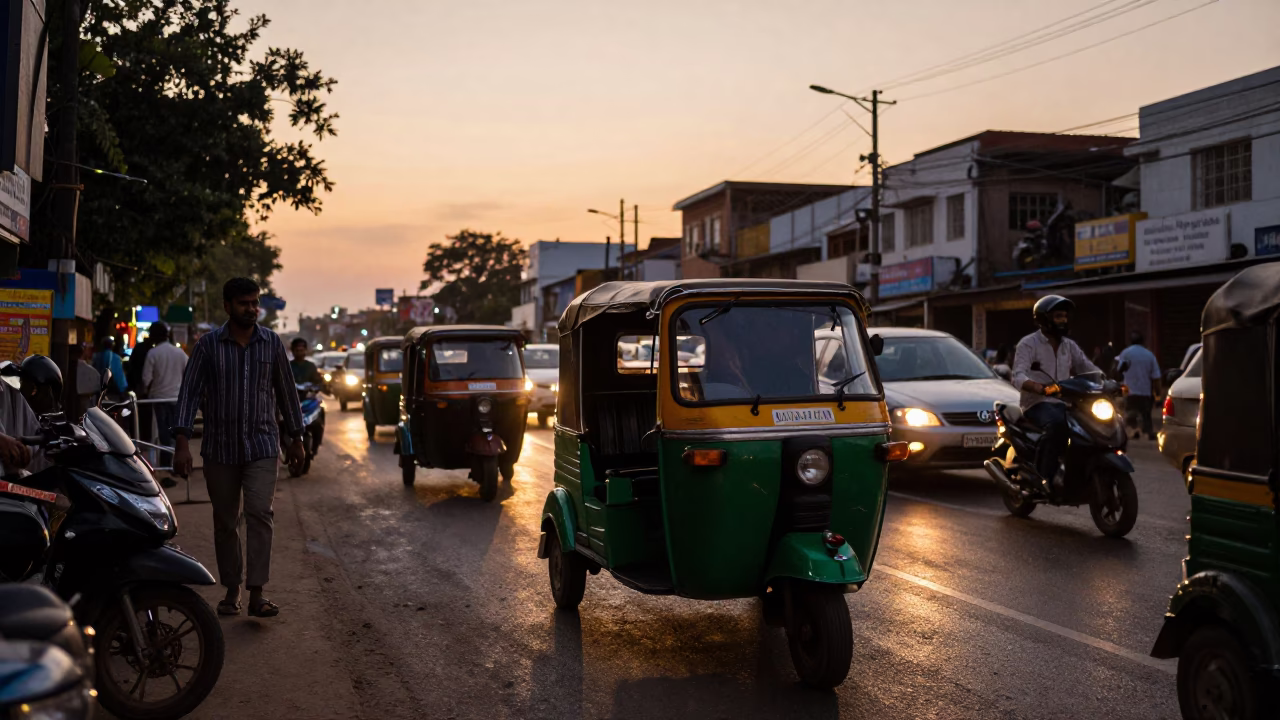Hyderabad India Evening Street Scene Auto Rickshaw Traffic and Local Life at Sunset in in Hyderabad, India