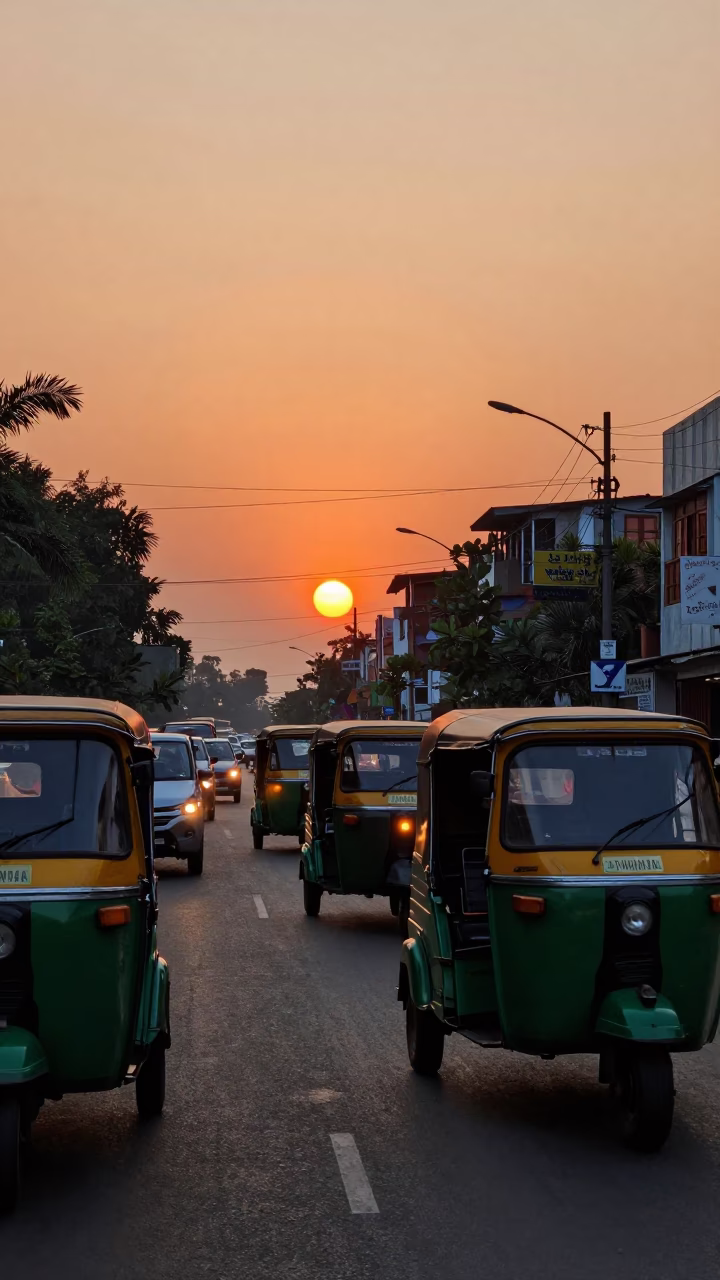 Hyderabad India Evening Street Scene with Auto Rickshaws and Dusk Skyline in in Hyderabad, India