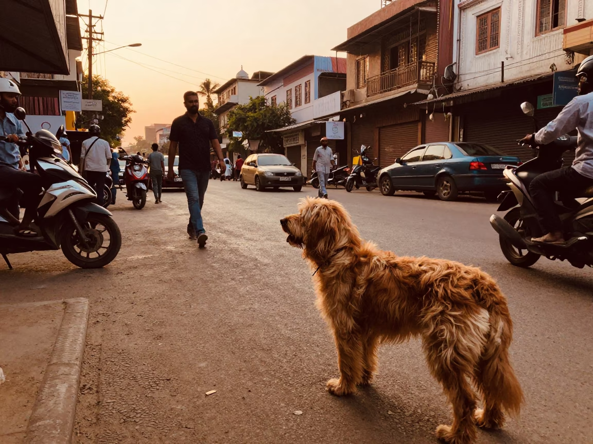 Hyderabad India Evening Street Scene with Bouvier des Flandres and Plant Pot in in Hyderabad, India