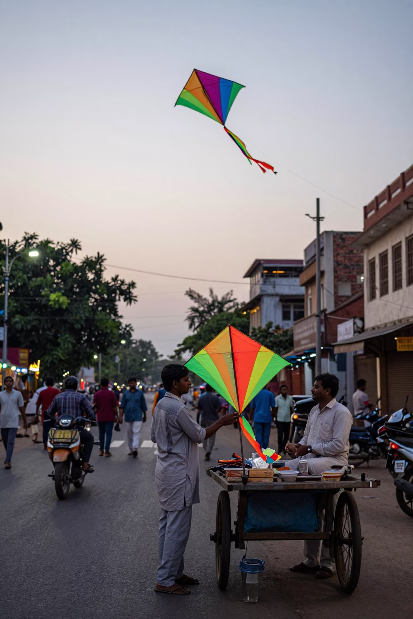 Hyderabad India Evening Street Scene with Glass Tumbler and Kites in in Hyderabad, India