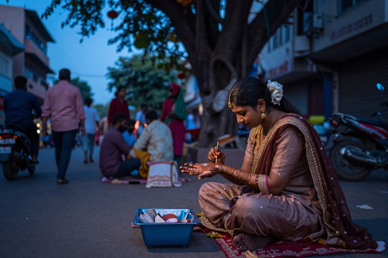Hyderabad India Evening Street Scene with Mehndi Artist and Banyan Tree in in Hyderabad, India