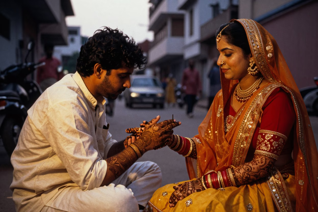 Hyderabad India Evening Street Scene with Mehndi Artist and Traditional Decor in in Hyderabad, India