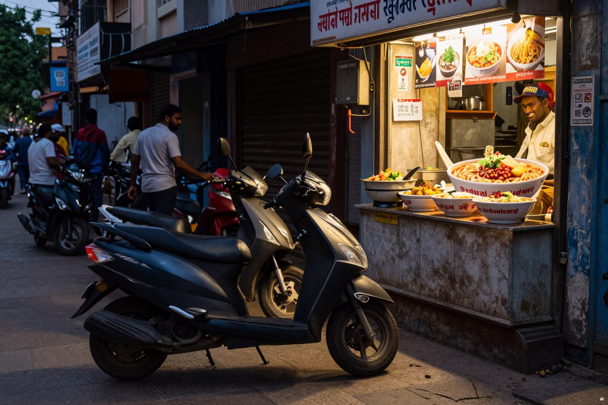 Hyderabad India Evening Street Scene with Scooter and Local Shop Elements in in Hyderabad, India