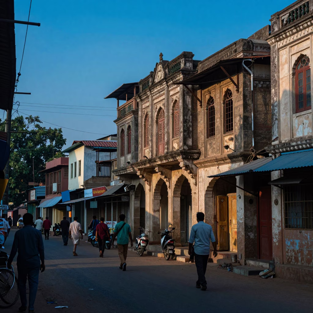 Hyderabad India Evening Street Scene with Traditional Architecture and Local Life in in Hyderabad, India