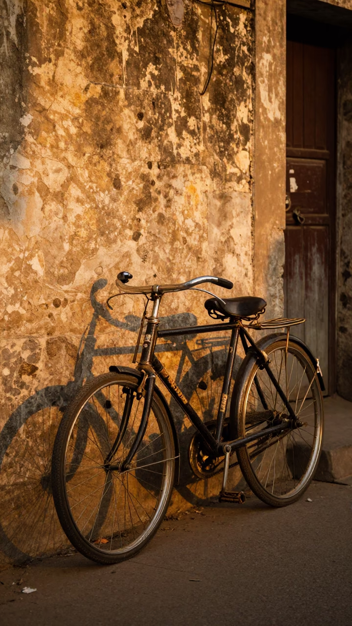 Hyderabad India Evening Street Scene with Vintage Bicycle and Stone Architecture in in Hyderabad, India
