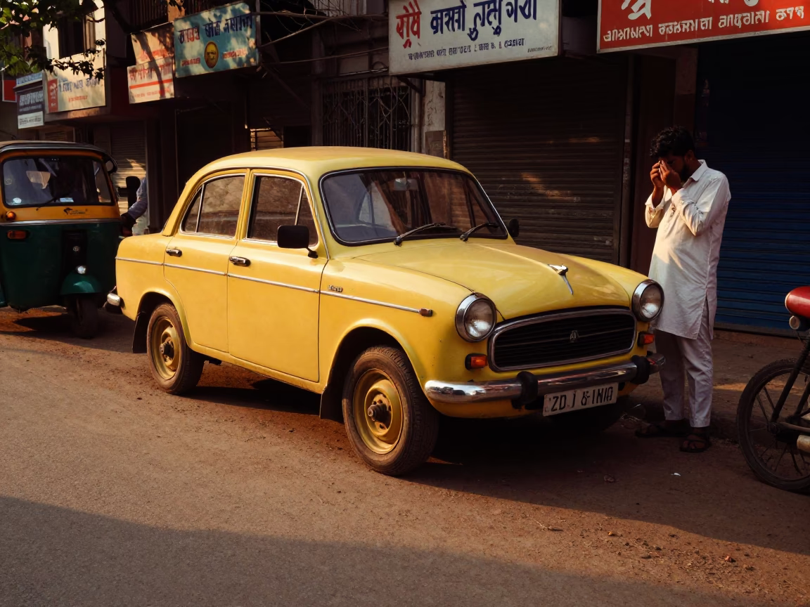 Hyderabad India Evening Street Scene with Vintage Car and Local Vendor in in Hyderabad, India